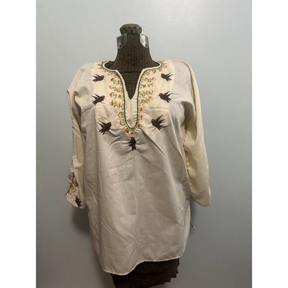 Vintage Tops - Vintage Mexican cream embroidered tunic size L